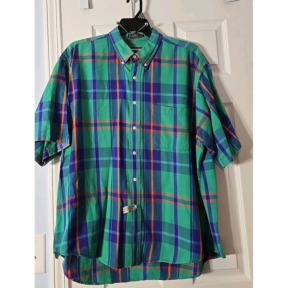 Van Heusen Short Sleeve Turquoise Plaid Button-Up Shirt Size‎ XL